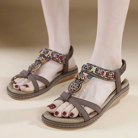 

Aueoeo Women s Flats Sandals Summer New Floral Comfort Elastic Ankle Strap Sandals Casual Seaside Beach Flat Sandals Comfortable Beach Shoes Sandal for Beach Dressy Party Dress On Clearance