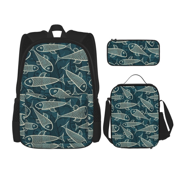 Easygdp Fish Style Mochila para Niños y Niñas con Set de Caja de Almuerzo y Estuche para Lápices 3 en 1, Mochila Escolar Estampada para Adolescentes