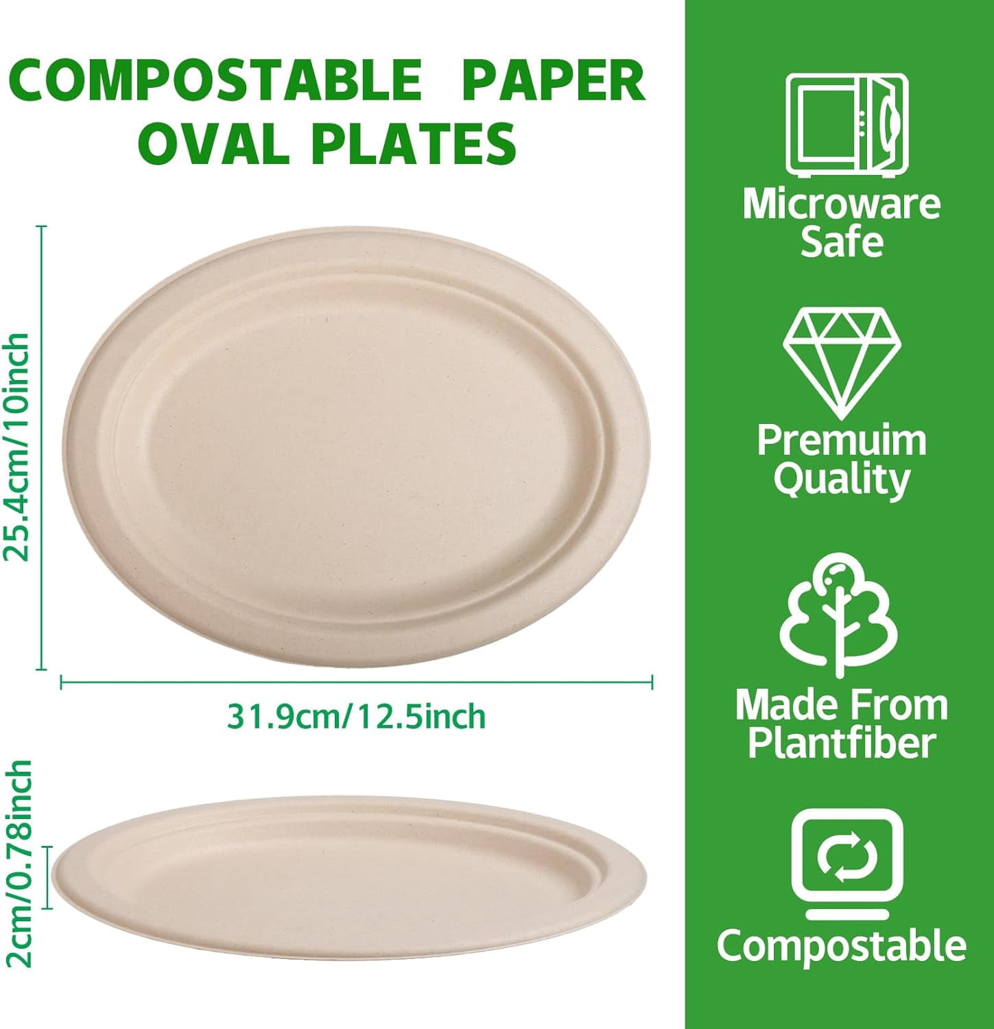 120 Pack Oval Paper Plates,12.5 Inch Disposable Paper Plates,Super Strong Oval Paper Dinner Plates,Compostable Biodegradable Sugarcane Plates for BBQ,Party,Picnic(Brown)