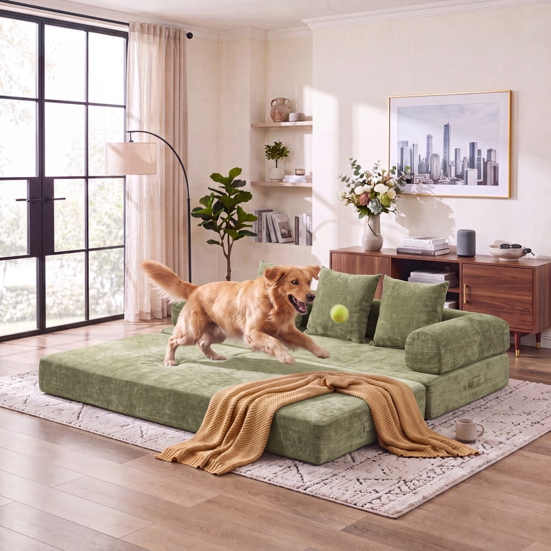Gewnee 79 Boneless Sofa, Convertible Sofa Bed, Futon Floor Sleeper Sofa Bed with Pillows for Living Room Bedroom, No Assembly Required, Chenille, Green