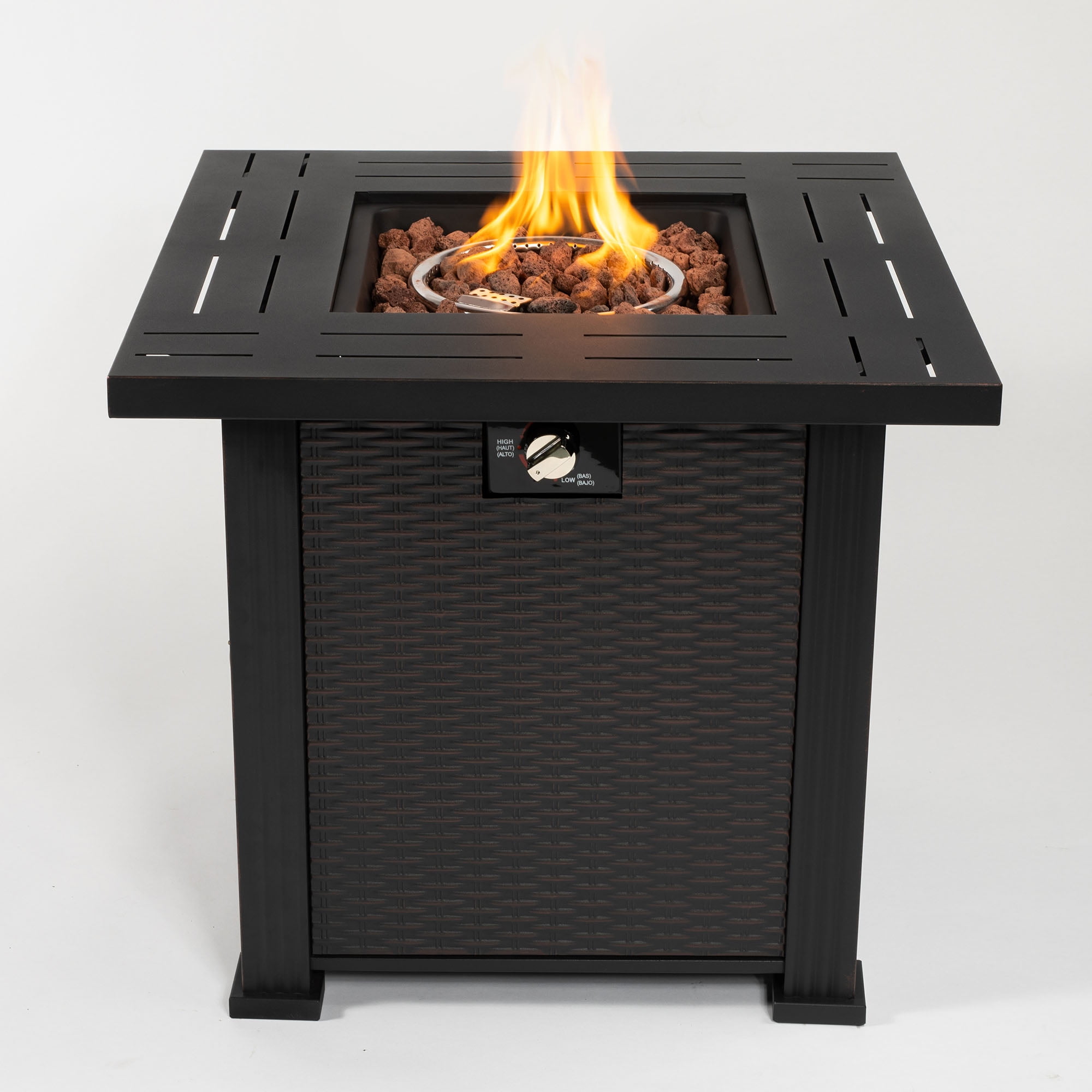 TrumanPick 28" Propane Gas Fire Pit Table 50,000 BTU Square Steel Gas Fire Pit with Beautiful Wicker Base for Outdoor Patio Deck Garden Backyard-Black