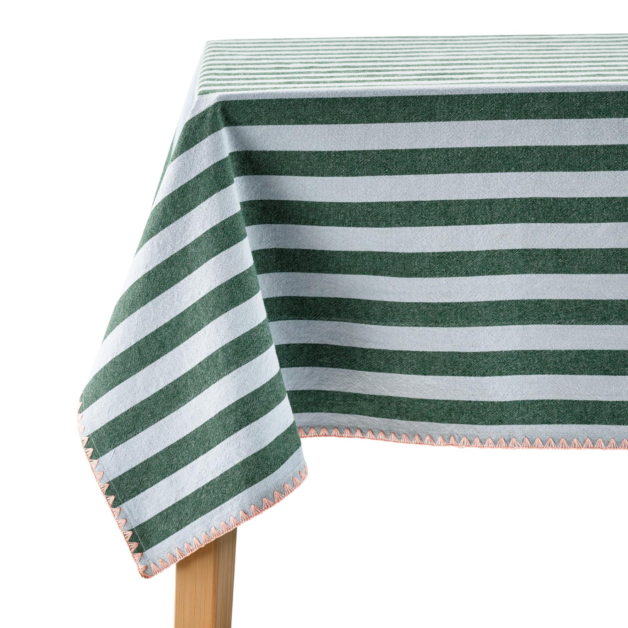 Beautiful Home by Drew Barrymore Yarn Dyed Stripe Whipstitch Fabric Tablecloth, Thyme Blue, 102 in x 60 in