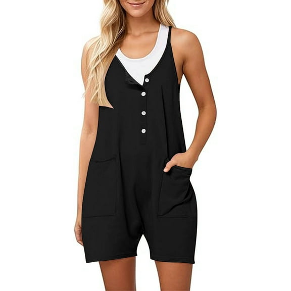 Button Down Rompers for Women Casual Shorts Trendy Vacation Loose Sleeveless Beach Romper Jumpsuits with Pockets