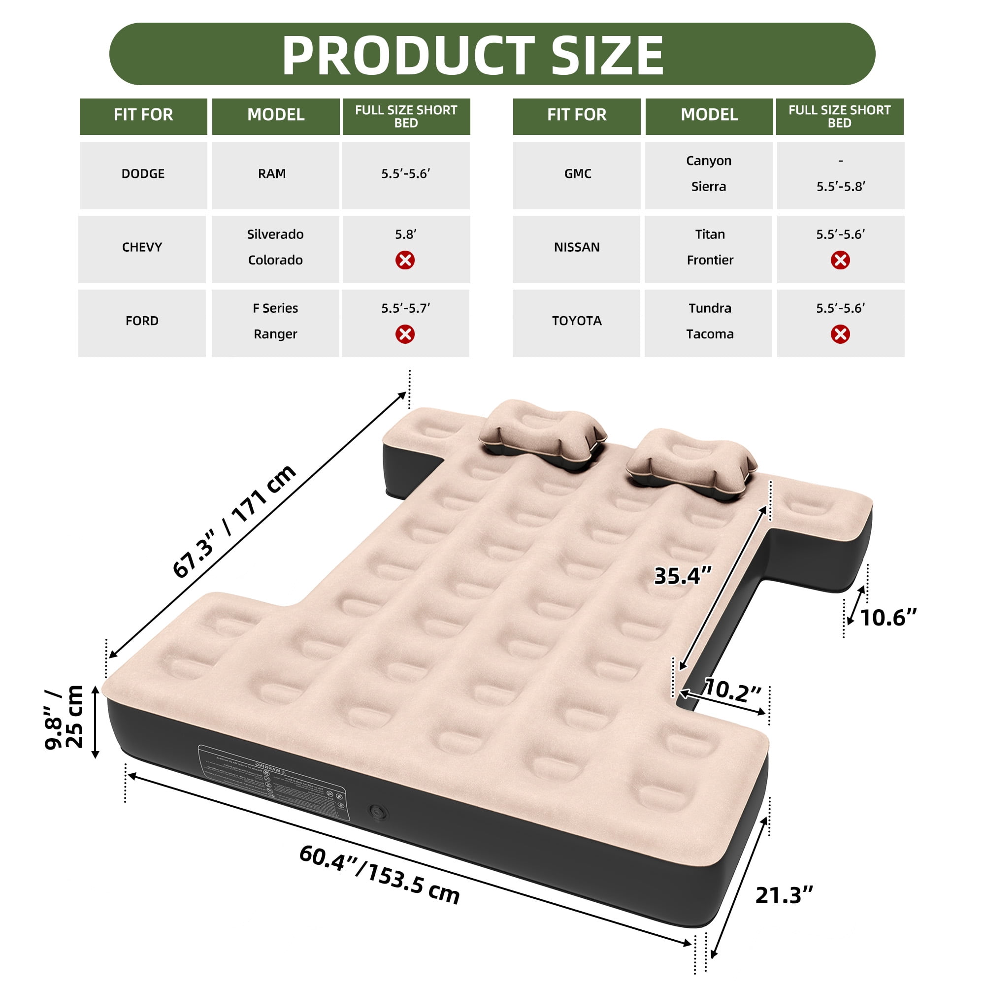 Uforic Inflatable Truck Air Mattress for 5.5–5.8ft Short Bed Pickups, Camping Car Bed with Pump, Pillows, Carry Bag & Patch Kit, Fits Full-Size Trucks (Black + Brown)