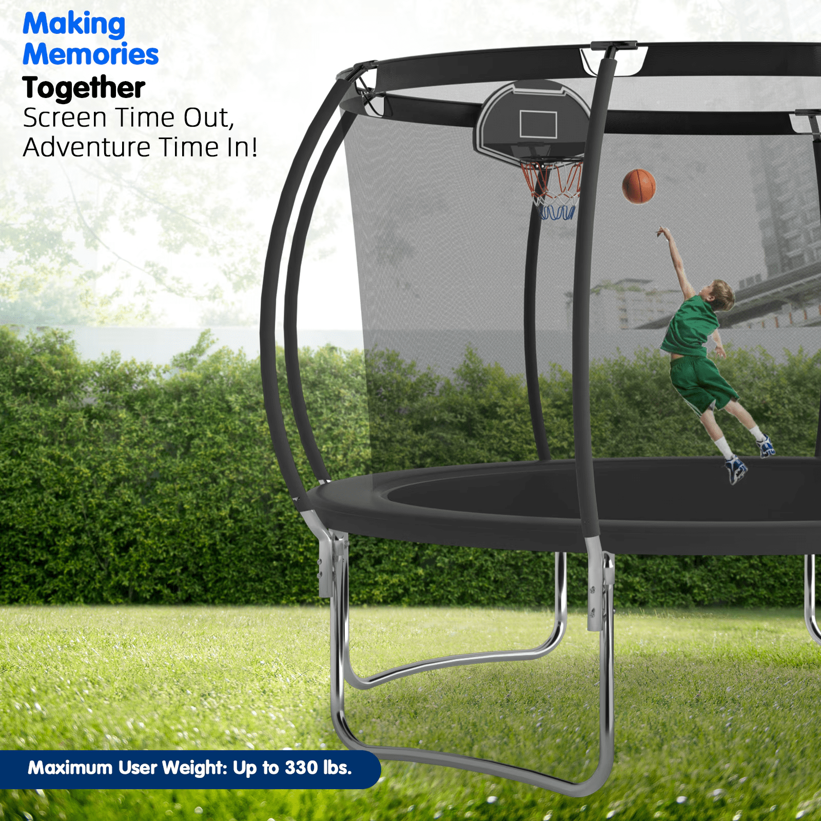 Seizeen Outdoor Kids Trampoline, 12FT Large Trampoline with Basketball Hoop & Enclosure, New Style Round Pumpkin Trampoline Anti-collision Curved Design, Black