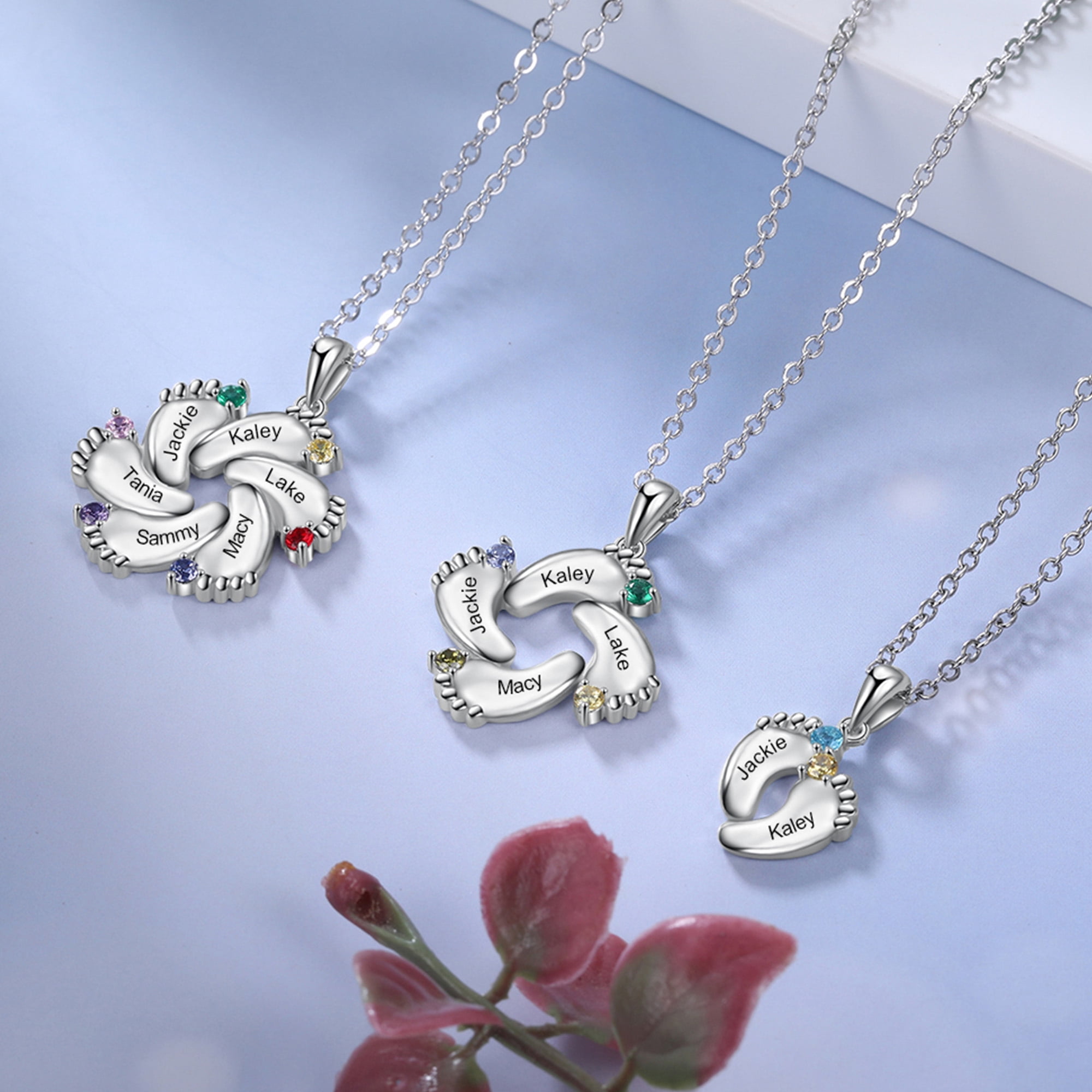 Mementos Jewelry Personalized Sterling Silver Footprint Family Mother Necklace 4 Birthstone and Name