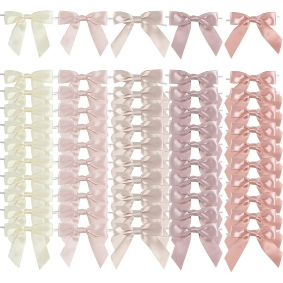 5 Colors Dusty Rose Twist Tie Bows 3.5" Premade Satin Ribbon Bows for Gift Wrapping Pre-Tied Rose Pink Bows for Crafts, Wedding Decor, Baby Shower, Birthday, Bridal Shower Favors - 50 Counts
