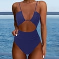 thumbnail image 2 of VNKIDY Womens Solid Color Hollow Out One Piece Swimsuit Spaghetti Strap V Neck Ruched Waist High Cut Swimsuit For Summer Beach Wear Blue L, 2 of 4
