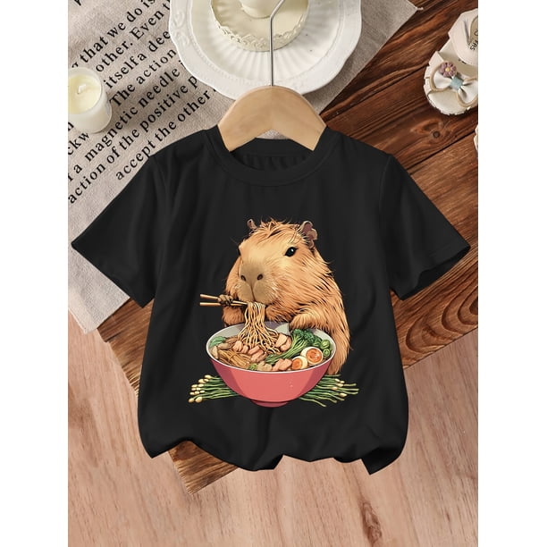 Bonita y elegante camiseta con estampado de capibara para niña, cómoda camiseta de manga corta con cuello redondo, ideal para el verano, ideal para el día a día.