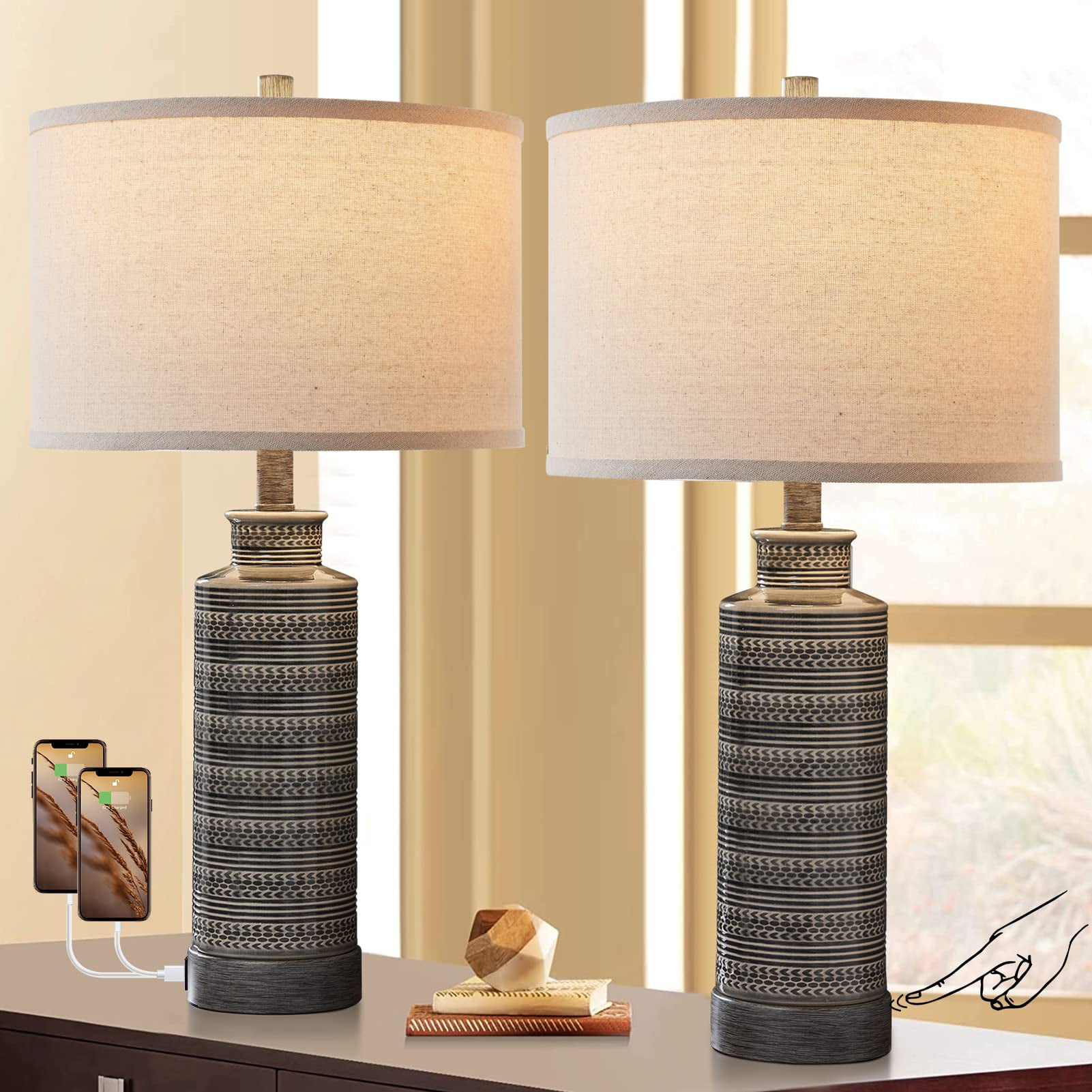 JUJUYUYOP Ceramic Table Lamp Set (2-Piece), 24" Three-Level Dimmable Bedside Lamp, Suitable for Bedrooms and Living Rooms
