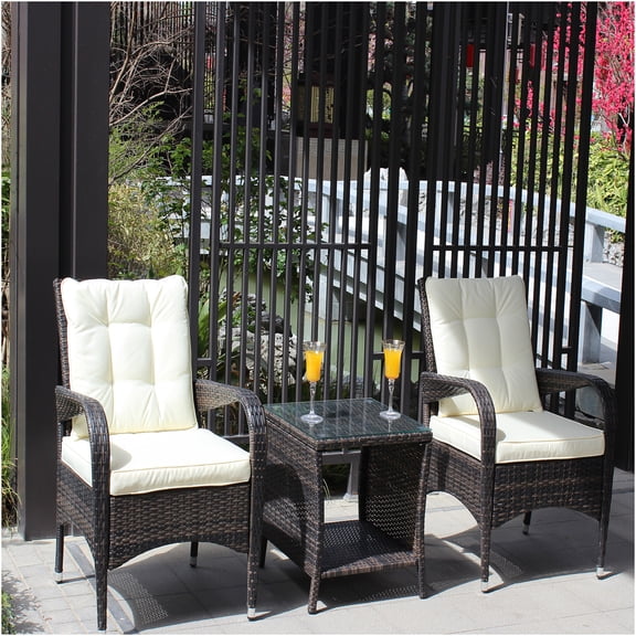 JERFIT 3-Piece Patio Conversation Set, PE Rattan Outdoor Sectional Sofa with Tempered Glass Table & Beige Cushions, Brown