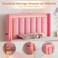 thumbnail image 5 of UHOMEPRO Pink Twin Upholstered Bed Frame with LED Lights & Motion Sensor Light, Wooden Storage Drawer, Charging Station, Soft Fabric Platform Bed with Headboard, Quiet & Sturdy No Noise Design, 5 of 11