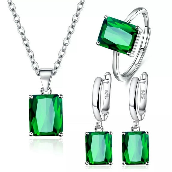 GKNET Women Square Green Zircon 925 Sterling Silver Necklace Earrings Rings Sets