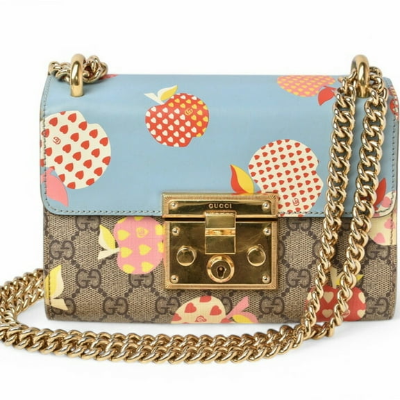 Pre-Owned Gucci 2way Shoulder Bag Chain GUCCI GG Supreme Apple Print Brown Beige Blue 409487