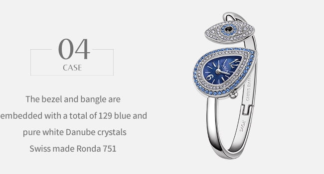 Watches for Women SAGA Angel's Eye Swiss Ronda Quartz Bracelet Watch, 129 Crystals, Teardrop Dial, Silver Blue, Casual Elegant, Gift for Women