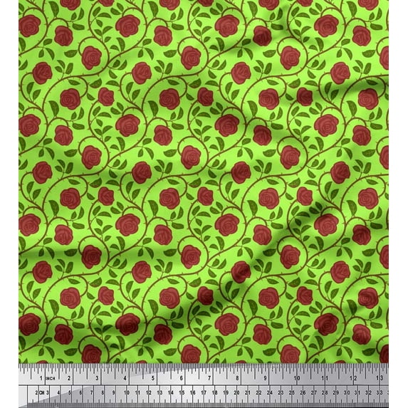 Soimoi polyester Crepe Fabric Leaves & Rose Floral Print Fabric by the Yard 42 Inch Wide