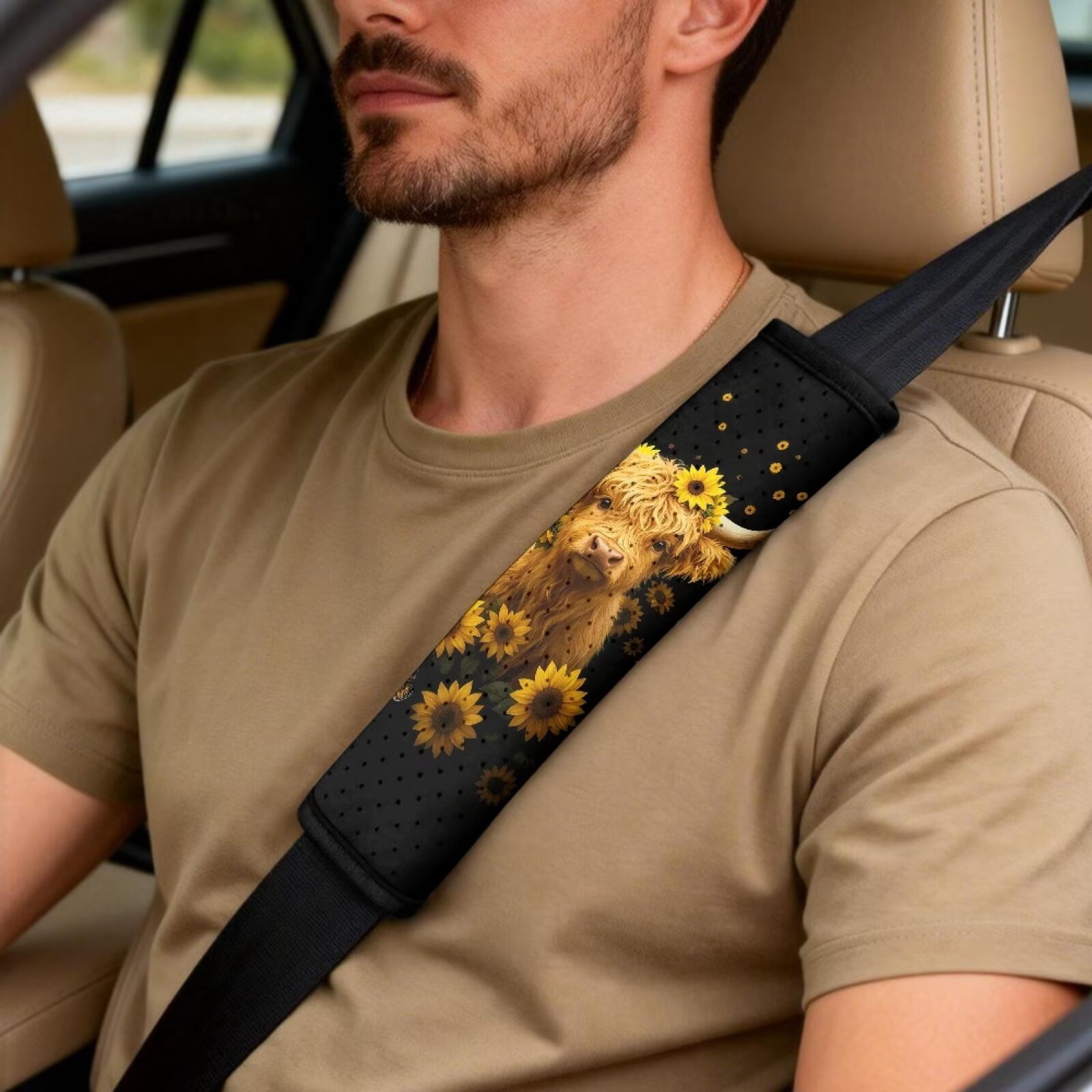 Xixirimido Leather Seat Cover Front Seats Only, Universal Fit Auto Front Seat Covers for Sedan Van SUV Truck 5 Pcs Set with Seatbelt Covers & Center Console Cover, Black Highland Cattle Sunflower