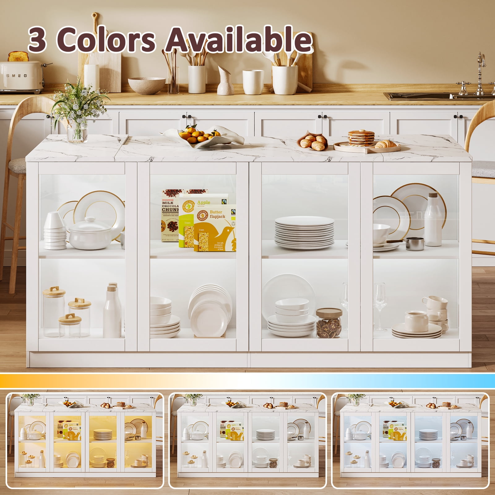 78.7" White Modern Kitchen Island with Storage, LED Light, Drawers & Glass Doors for Dining Room