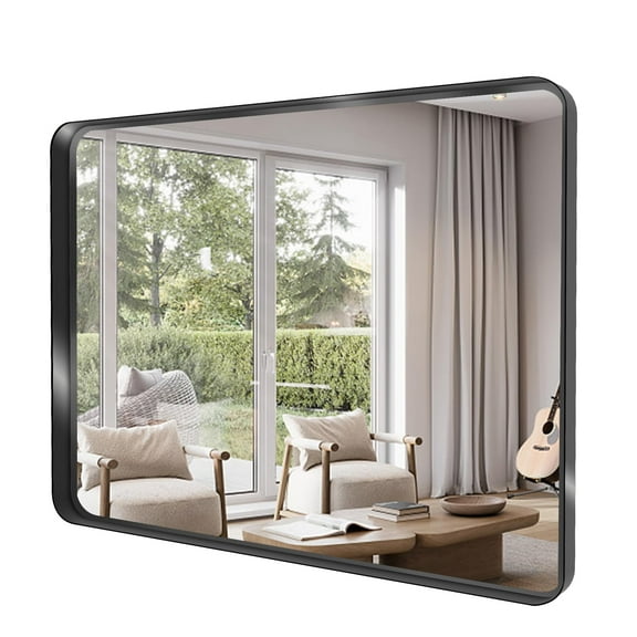 30”X40” Black Bathroom Mirrors for Vanity, Rounded Rectangle Brushed Black Metal Frame Mirror, Anti-Rust, Tempered Glass, Hangs Horizontally or Vertically