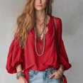 thumbnail image 2 of Wenini Women's Boho V Neck Puff Sleeve Crinkle Fabric Top Loose Drop Shoulder Casual Blouse Top Trendy Travel Shopping Outfit, 2 of 6