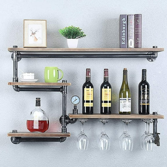 Wall Mounted Floating Shelf Industrial Pipe Shelf with 4 Stem Glass Holder Wooden Wine Shelf for Home Kitchen Living Room