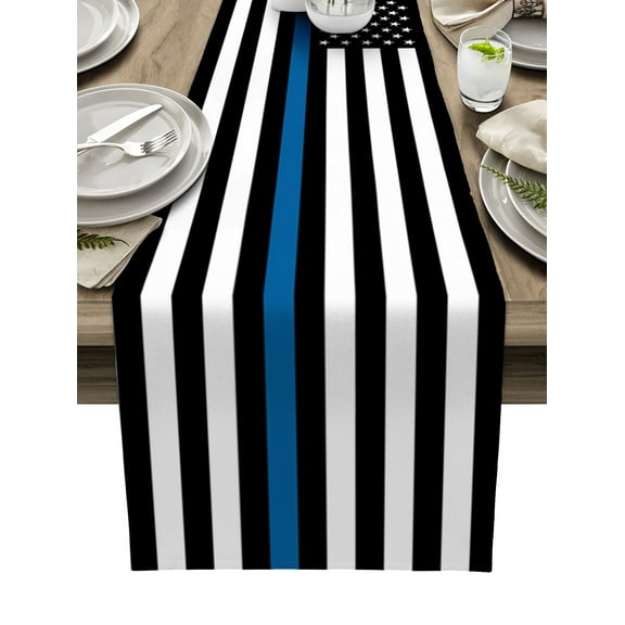 Blue White American Police Flag Table Runner Honoring Law Enforcement Officers Tablerunners 13 x 70 Inch, Table Decorations Tabletop Scarf for Summer Gathering Holiday Farmhouse Kitchen Dining Decor