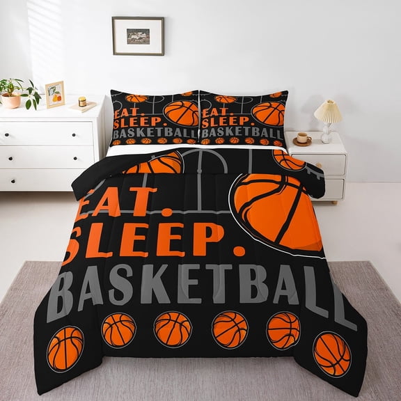 Basketball Twin Comforter Set Sports Bedding Sets Teen Sport Game Ball Theme Down Comforter Basketball Decor Bedroom Bed Set Sports Comforter Sets 2 Pcs Black Orange