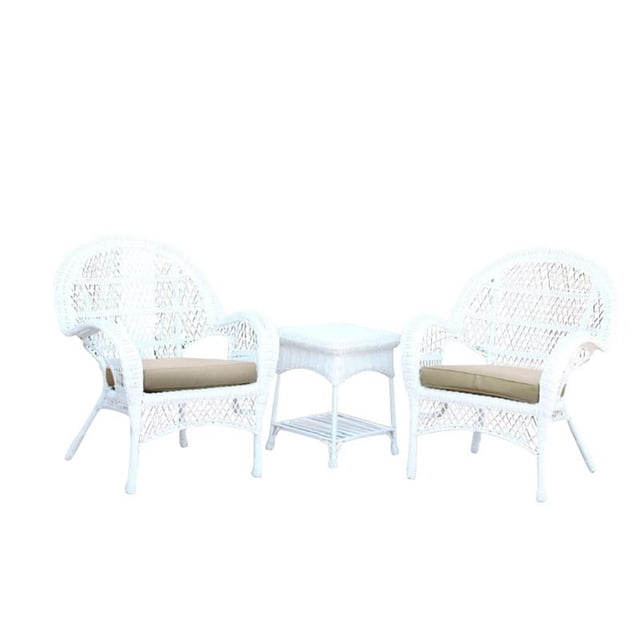 Jeco Ensemble de Conversation en Osier 3 Pcs, Blanc, avec Coussins Beige