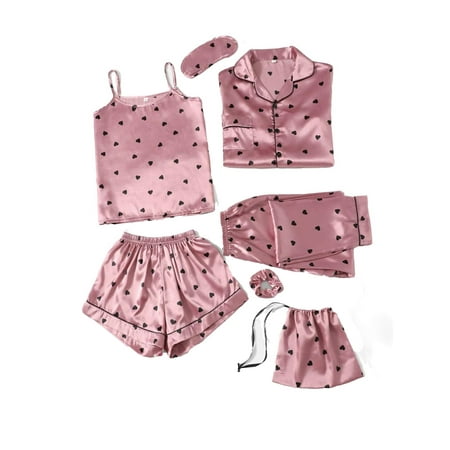 

7pcs Set Elegant Lapel Neck Short Sets Long Sleeve Dusty Pink Women s Pajama Sets (Women s)