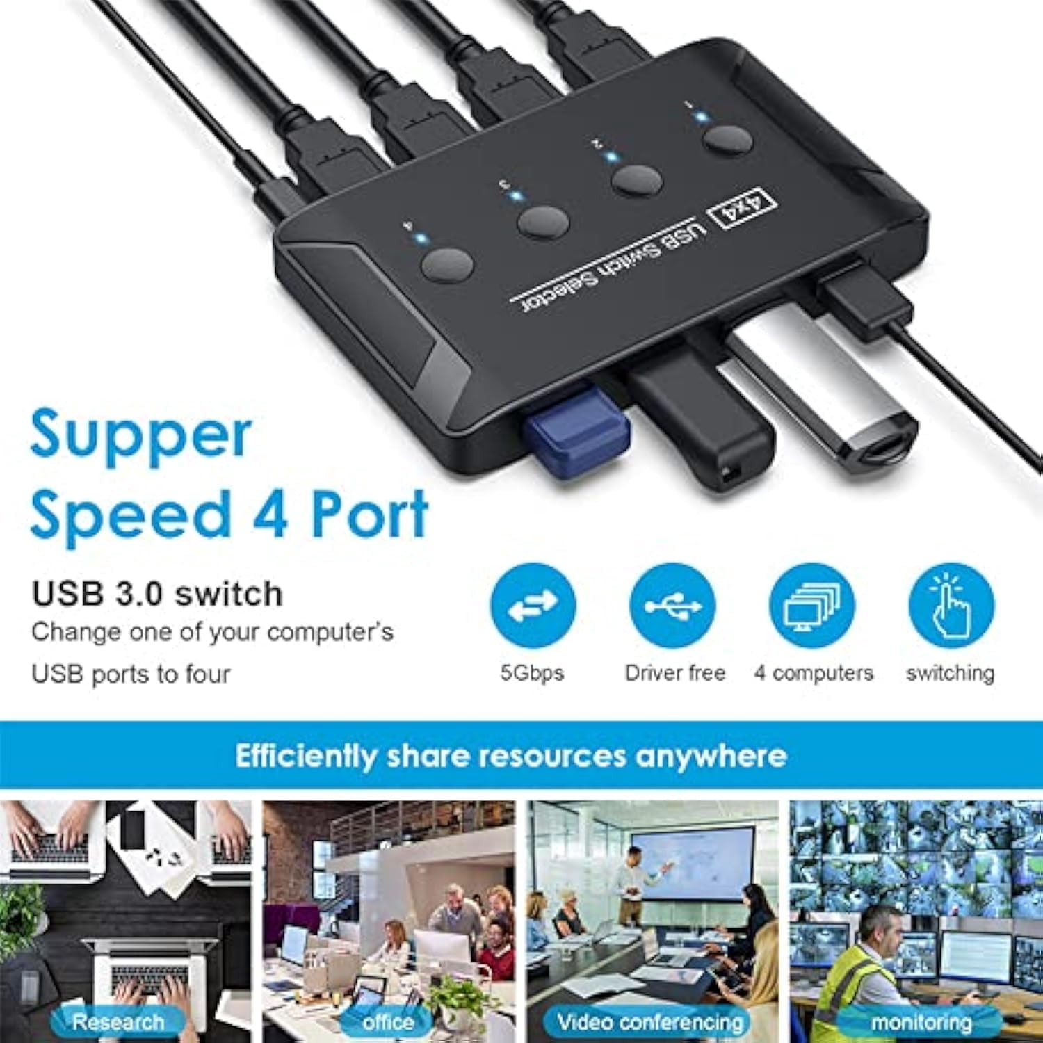 KSRplayer KVM USB 3.0 Switch Selector 4 Port PCs Sharing 4 Devices for Keyboard Mouse Scanner Printer