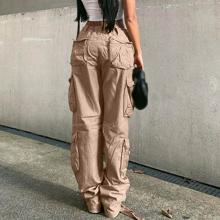 haxmnou women high waist baggy cargo pants cargo jeans jogger pocket loose  fit straight wide leg trouser khaki l