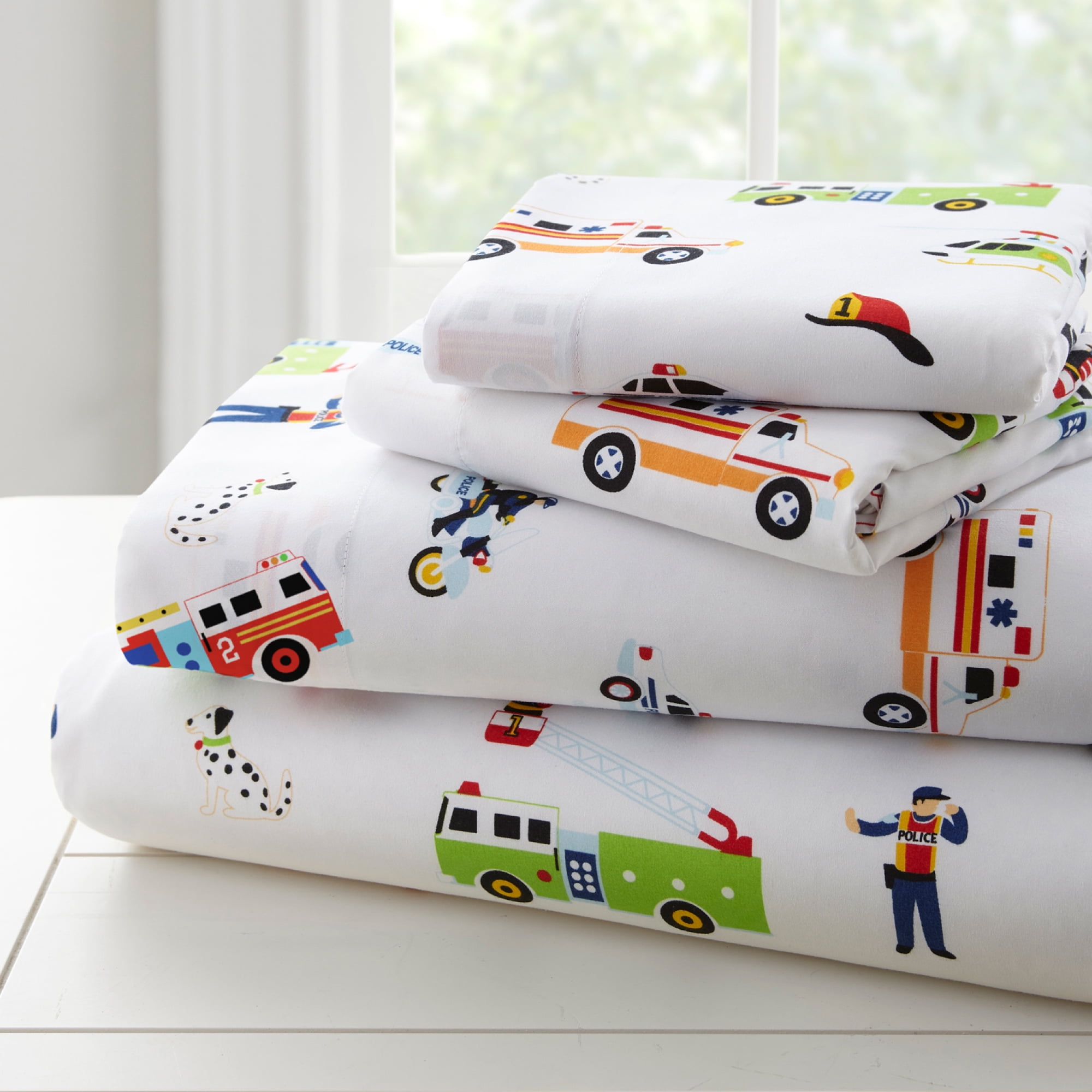 Fancy Linen 5pc Twin Comforter Set Police Car Fire Truck Ambulance Heroes Blue Red Green Grey White New 