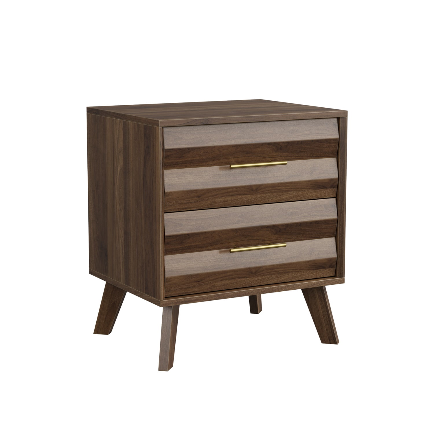Hommoo Double-Drawer Bedside Table, Modern Minimalist Nightstand with Metal Handles, Pine Wood Legs & Anti-Tip Kit, Scandinavian Bedroom Storage Cabinet, Walnut