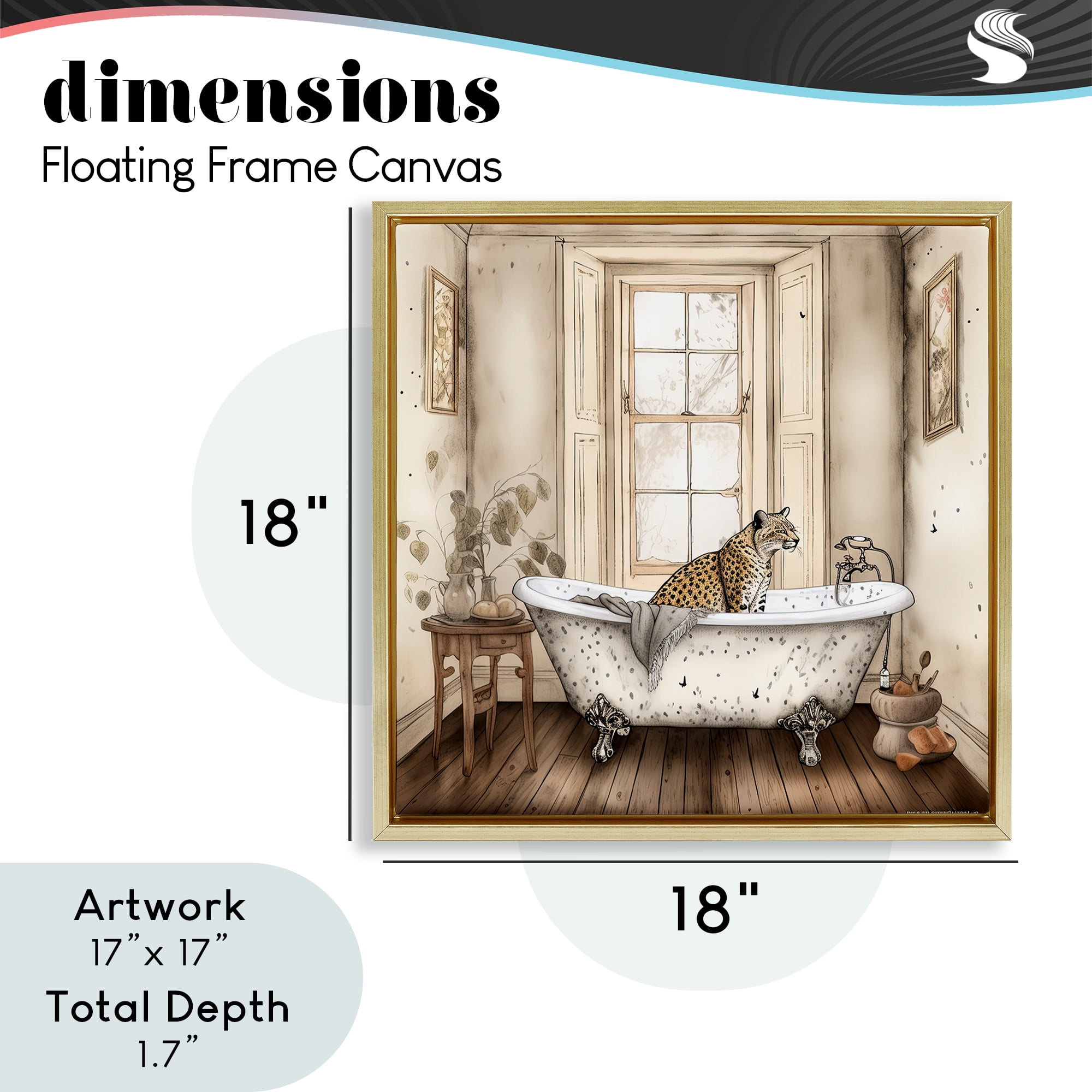 Neutral Leopard Bathtime Gold Framed Floater Canvas Wall Art, design by Sasha