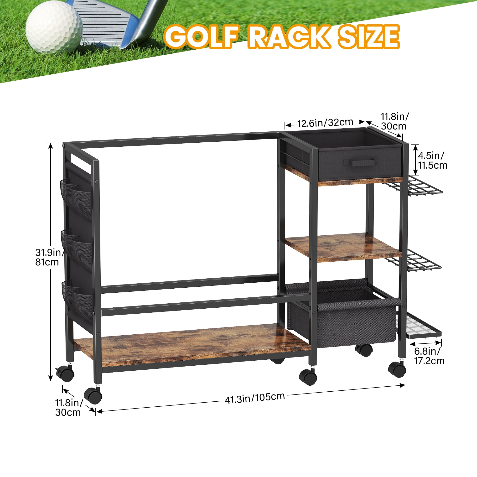 Golf Bag Storage Organizer for Garage, Golf Organizer with Extra Golf Rack and Side Fabric Bag for 20 Golf Clubs & Golf Essentials, Golf Bag Stand for Golf Bag Accessories, Ideal Golf Gifts for Men