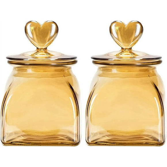 Tea Jars Storage Canisters Glass Airtight Sided Jar Amber Square Canister Set Kitchen Food Storage Canisters Jars with Heart Shaped Handle Lid for Coffee Jars jar(Brown)
