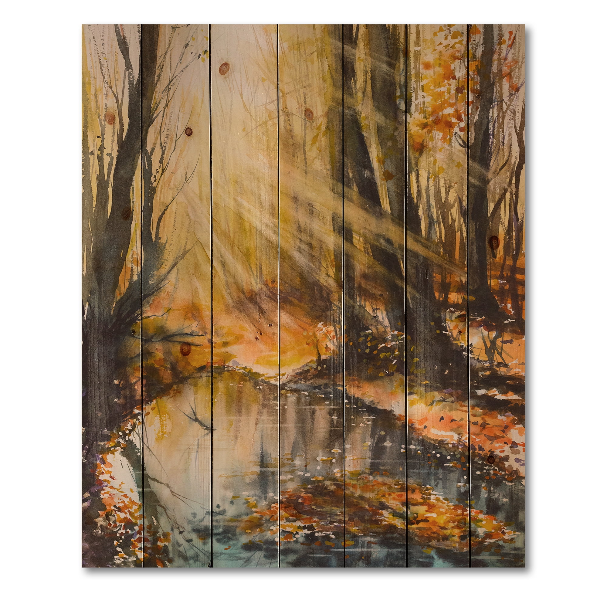 Designart 'Bright Sunshine Through The Brown Forest Trees' Lake House Print on Natural Pine Wood