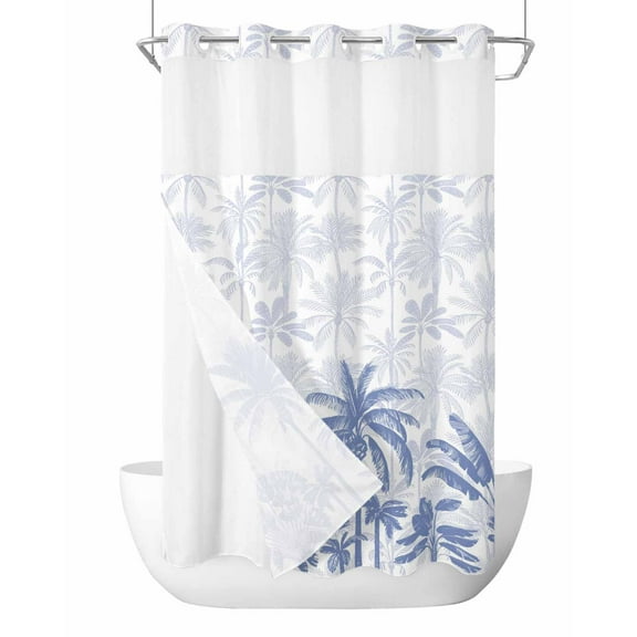 No Hook Cloth Fabric Shower Curtain with Snap in Liner, Palm Trees Waterproof Shower Curtains Set with See Through Top Window, Blue Tropical Plants Summer Forest Scenery Bath Curtains Shower 54"x78"