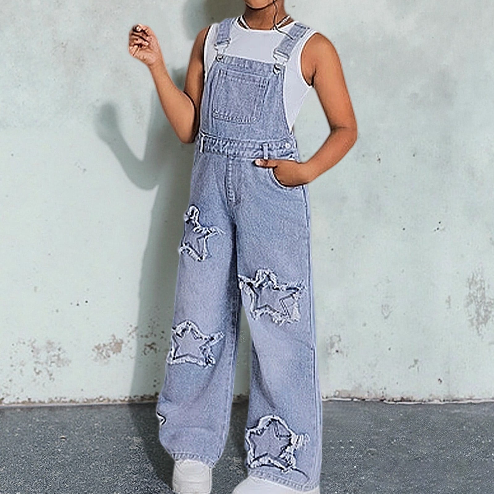 Kiijoy Girl Denim Overalls Wide Leg Jean Jumpsuit Dungarees with