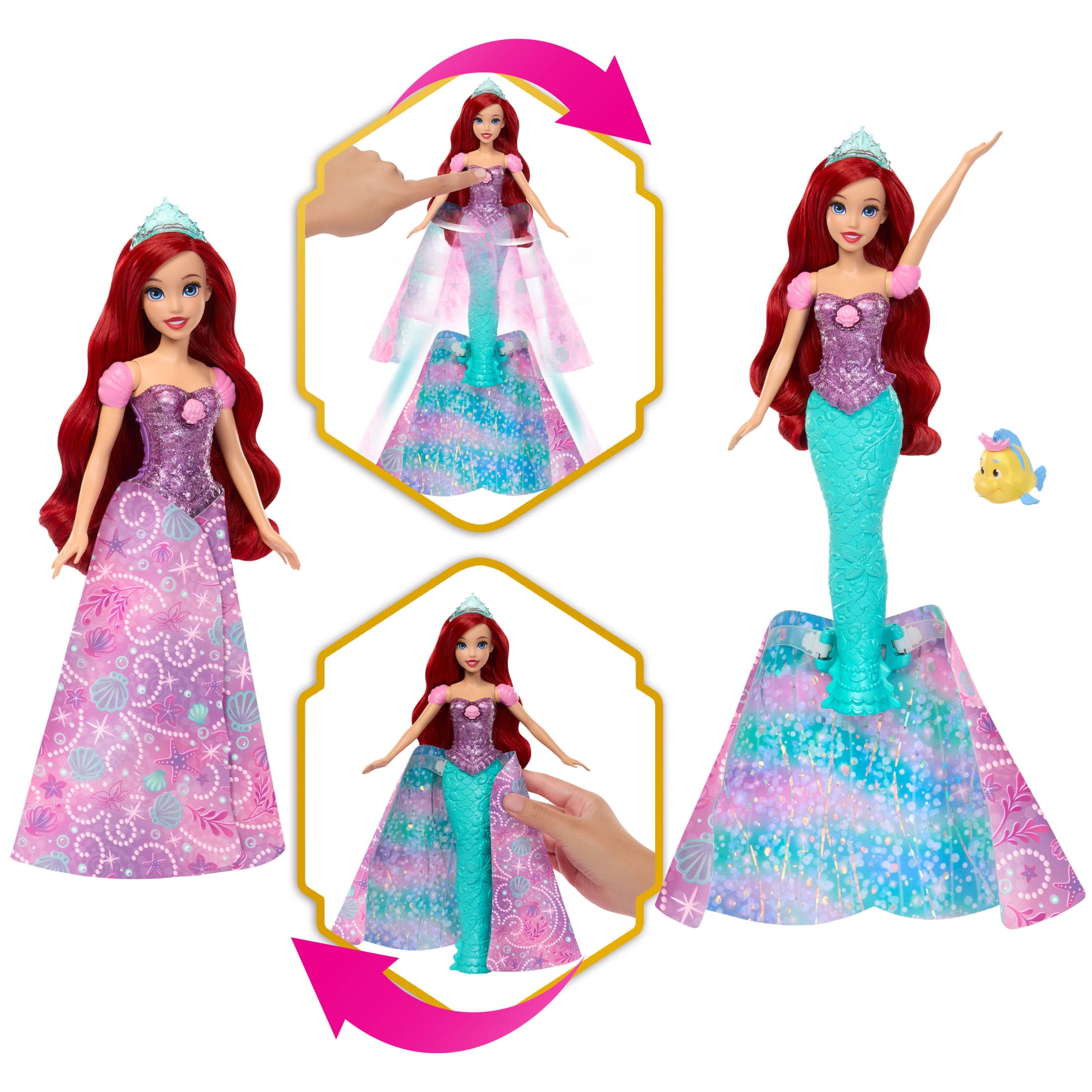 Disney Princess Ariel Human to Mermaid Transforming Fashion Doll with Flounder & 2 Accessories