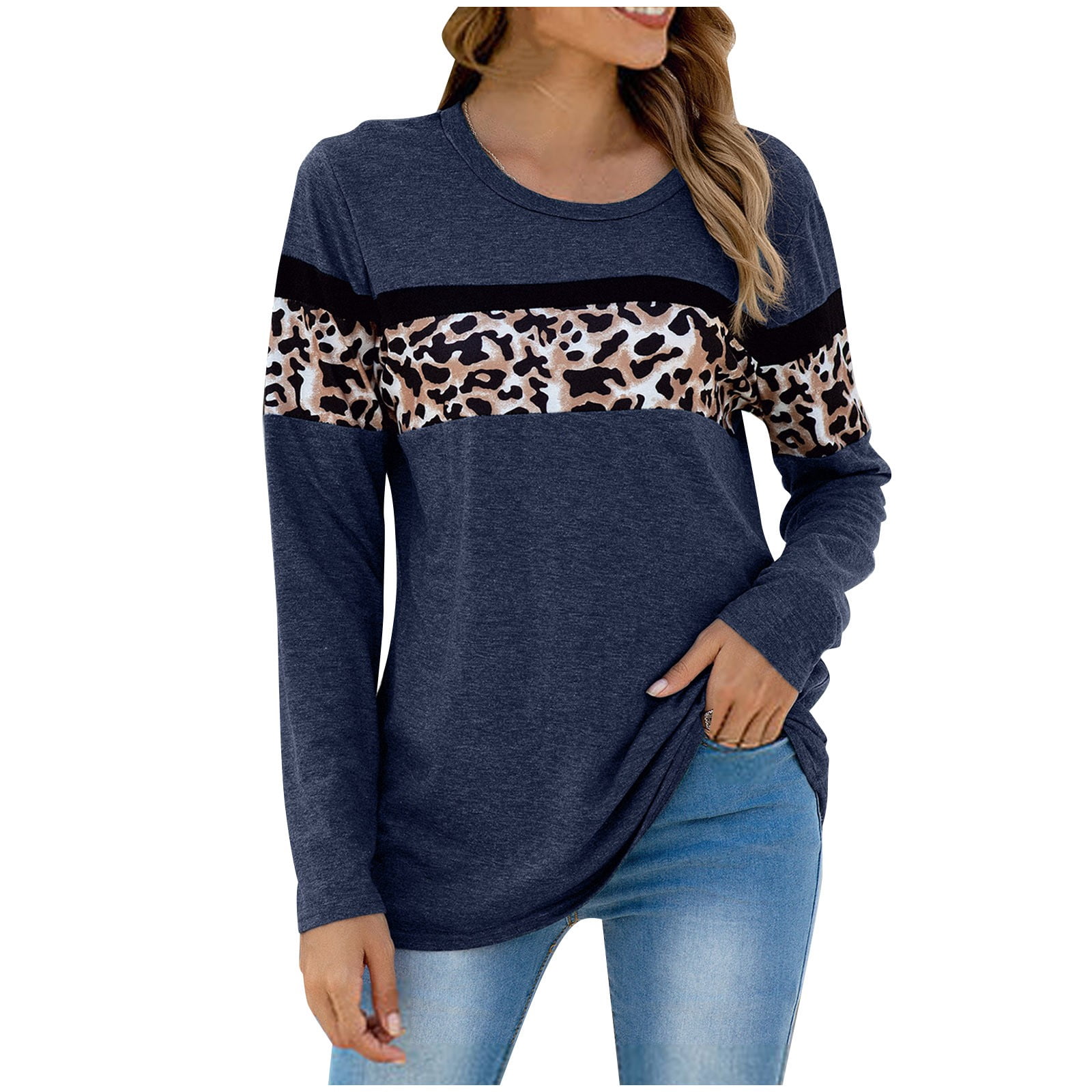 Couleurs Multiples des Femmes Lâches Mignon Nature Col Rond Impression Manches Longues Coton Mélange Épissure Top (Bleu, XL)