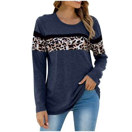 hgsbede Fall Clothes for Women 2022 Women's Fashion Casual Leopard Print Round Neck Long Sleeve Loose T Shirt Tops