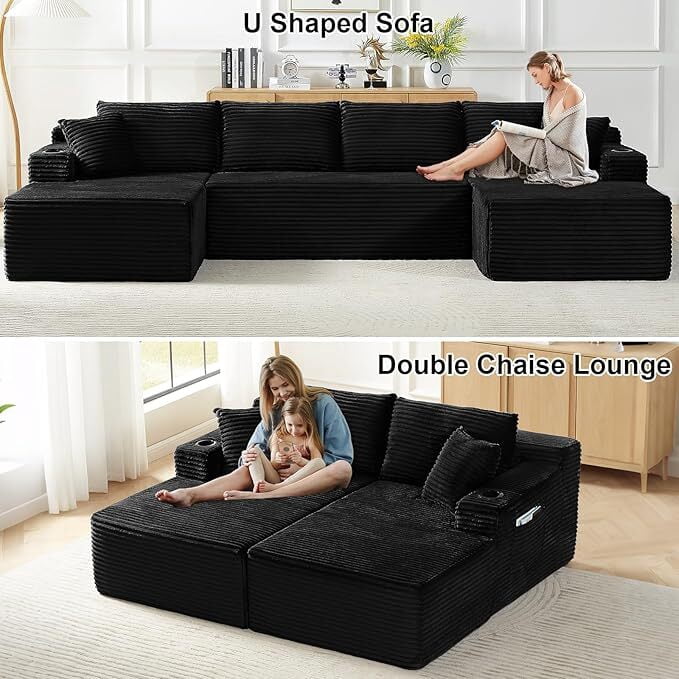 Vinform 134" Cloud Couch Modular Sectional Sofa, 5 Seat U Shaped Convertible Couch Corduroy Thick Cushion with Side Pockets and Toss Pillows for Living Room, Black
