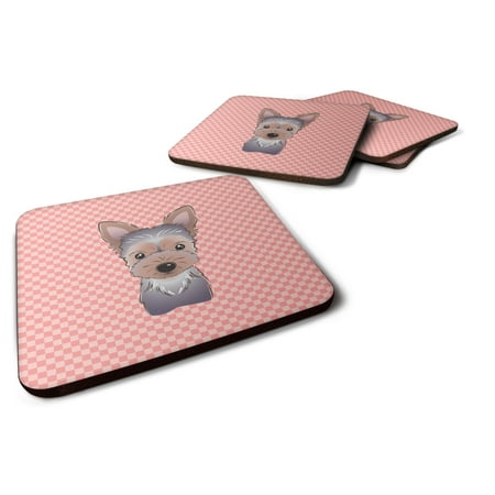 

Carolines Treasures BB1232FC Checkerboard Pink Yorkie Puppy Foam Coaster Set of 4 3 1/2 x 3 1/2 multicolor