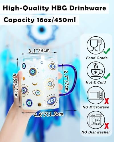 Evil Eye Glass Coffee Cup with Handle 16oz Glass Can for Hot/Cold Beverages Cappuccino Latte Espresso Beer Hamsa Blue Evil Eye for Protection Tumbler Mug Heat-Resistant and Freezer Safe