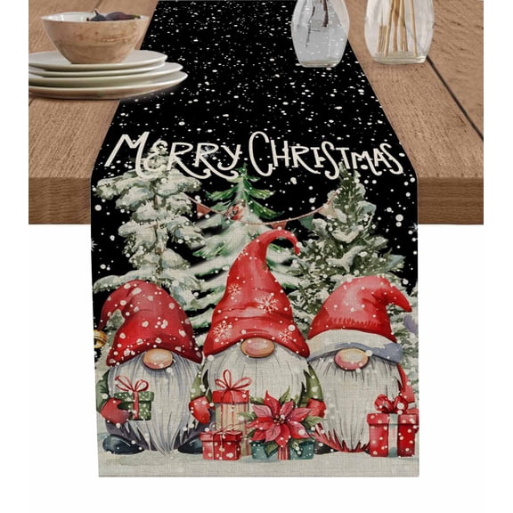ERUNPONLY Christmas Gnomes Table Runner - 72 Inch Long Winter Snowflake Pine Xmas Tree Black Cotton and Linen Blended Dress Scarves Farmhouse Table Runner for Kitchen Dining, Coffee Table, 14"x72"