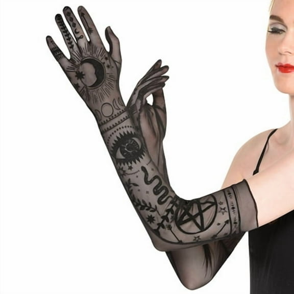 Black Long Sheer Gloves | Lunar Witch Design | One Size- Pair of 1