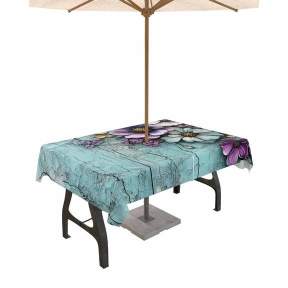 Hokiten Outdoor Tablecloths with Umbrella Hole & Zipper, Retro Flower 54x80 Inch Tablecloth Rectangle, Blue Walls Mottled Vintage Country Farm Waterproof Table Cloth, Patio/Pool/Picnic Table Covers