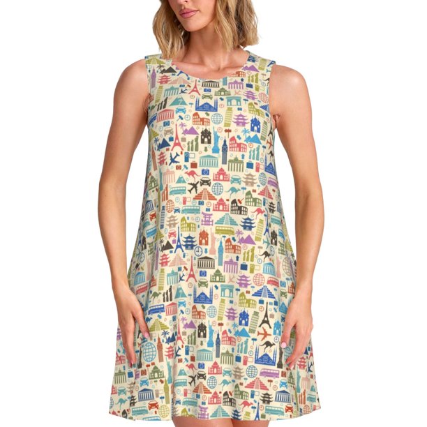 Fotbe Famous Places Vestido de Verano sin Mangas para Mujer – Vestido Midi Línea A, Estilo Camiseta Floral, Vestido Playero Casual y Fluido