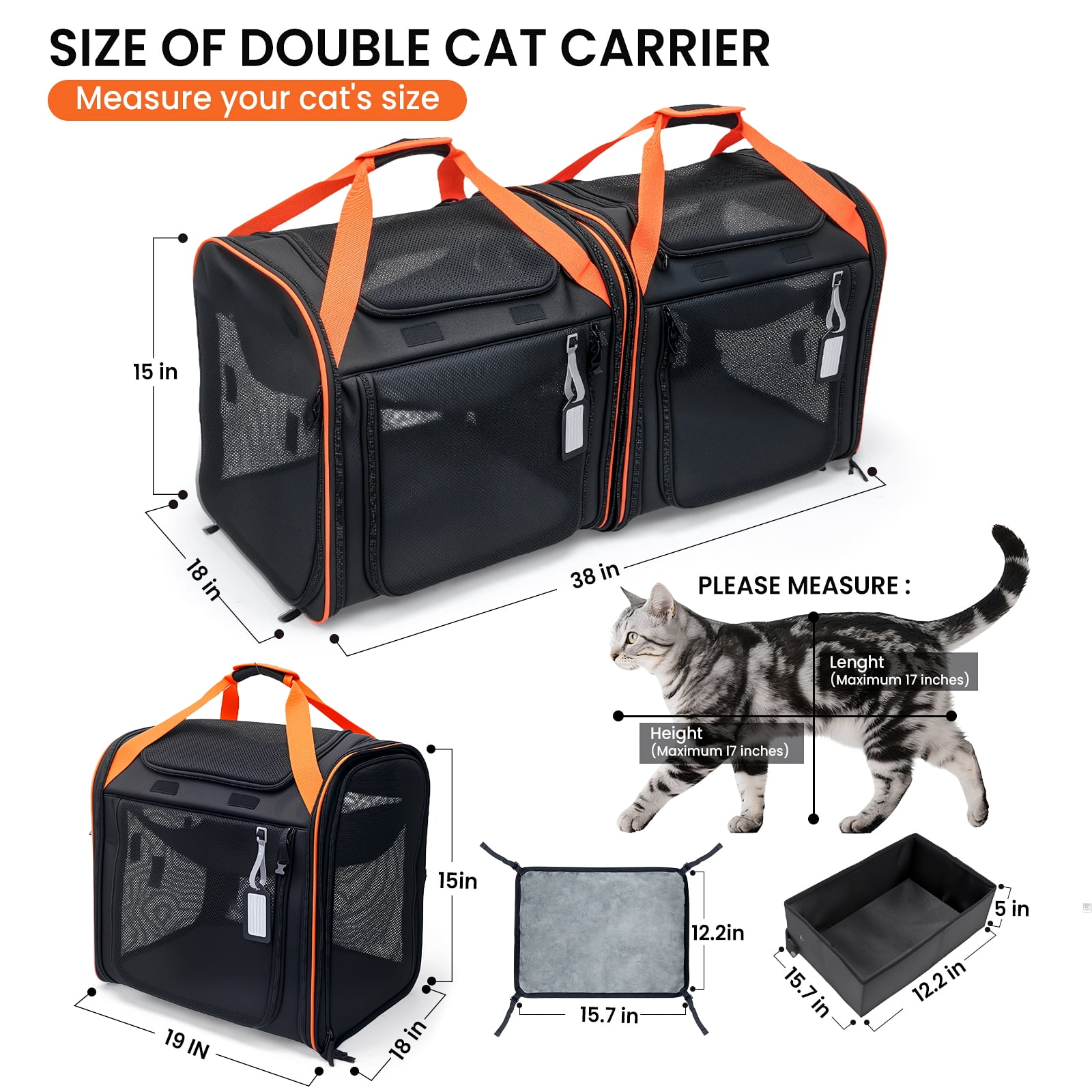 WheelX Portable Double Cat Carrier with Box for Multiple Animal 38x18x15in Large Cat Carrier with Safety Locking Zippers for Long Distance Travel